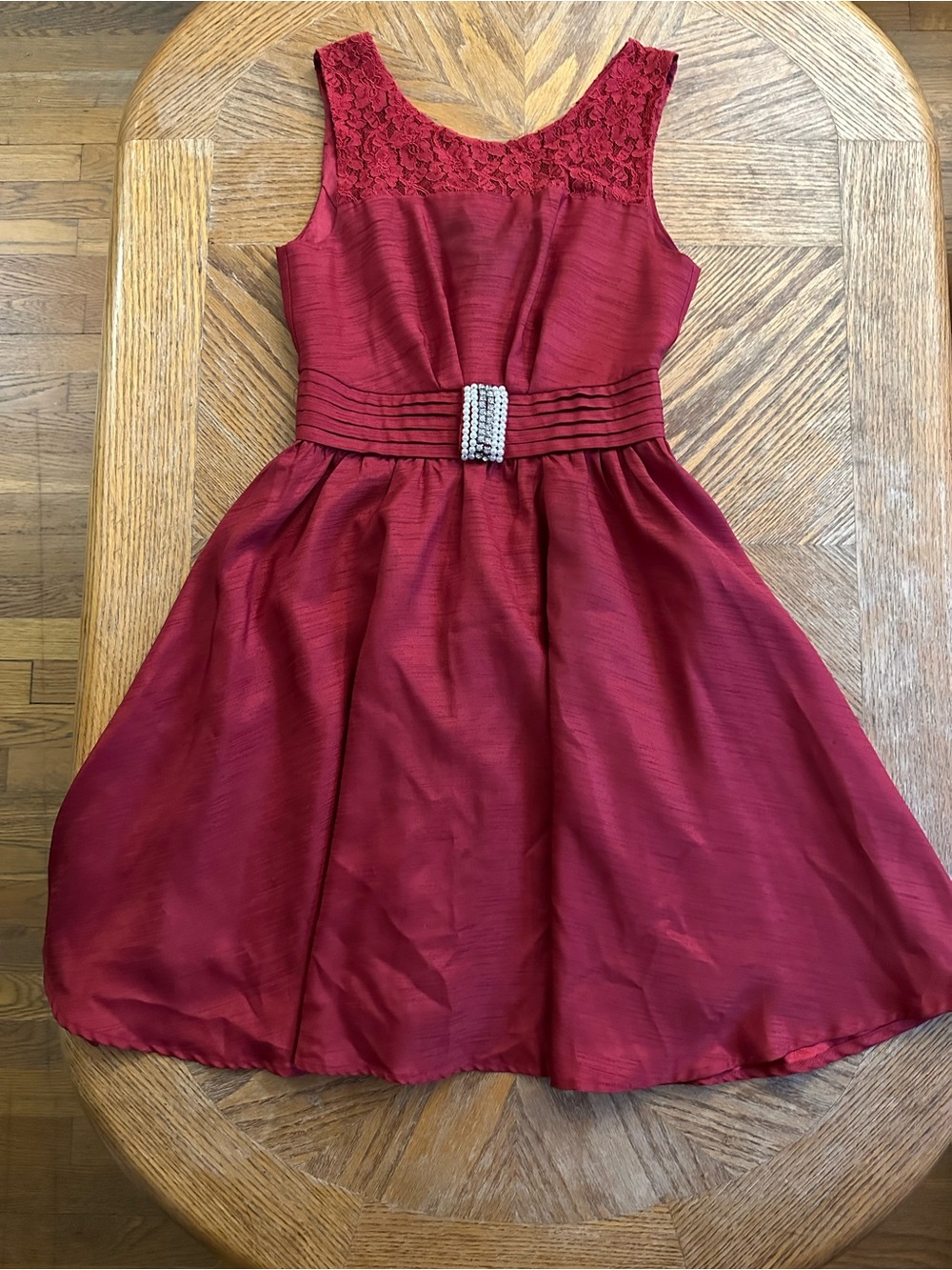 Red Lace-Trim Party Dress with Rhinestone Belt